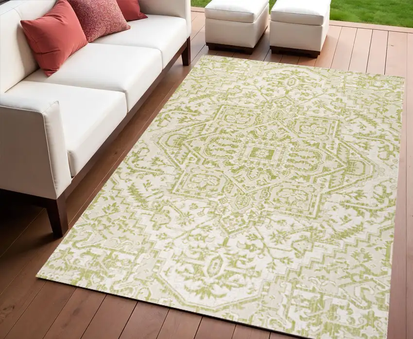 Cream And Green Medallion Indoor Outdoor Area Rug Photo 1