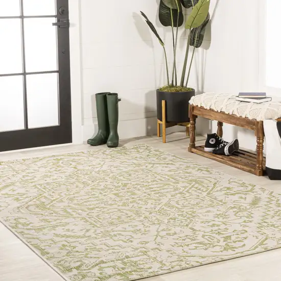 Cream And Green Medallion Indoor Outdoor Area Rug Photo 8