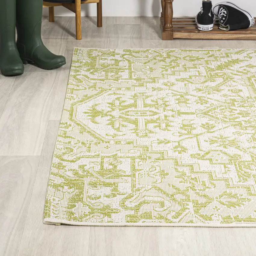 Cream And Green Medallion Indoor Outdoor Area Rug Photo 6