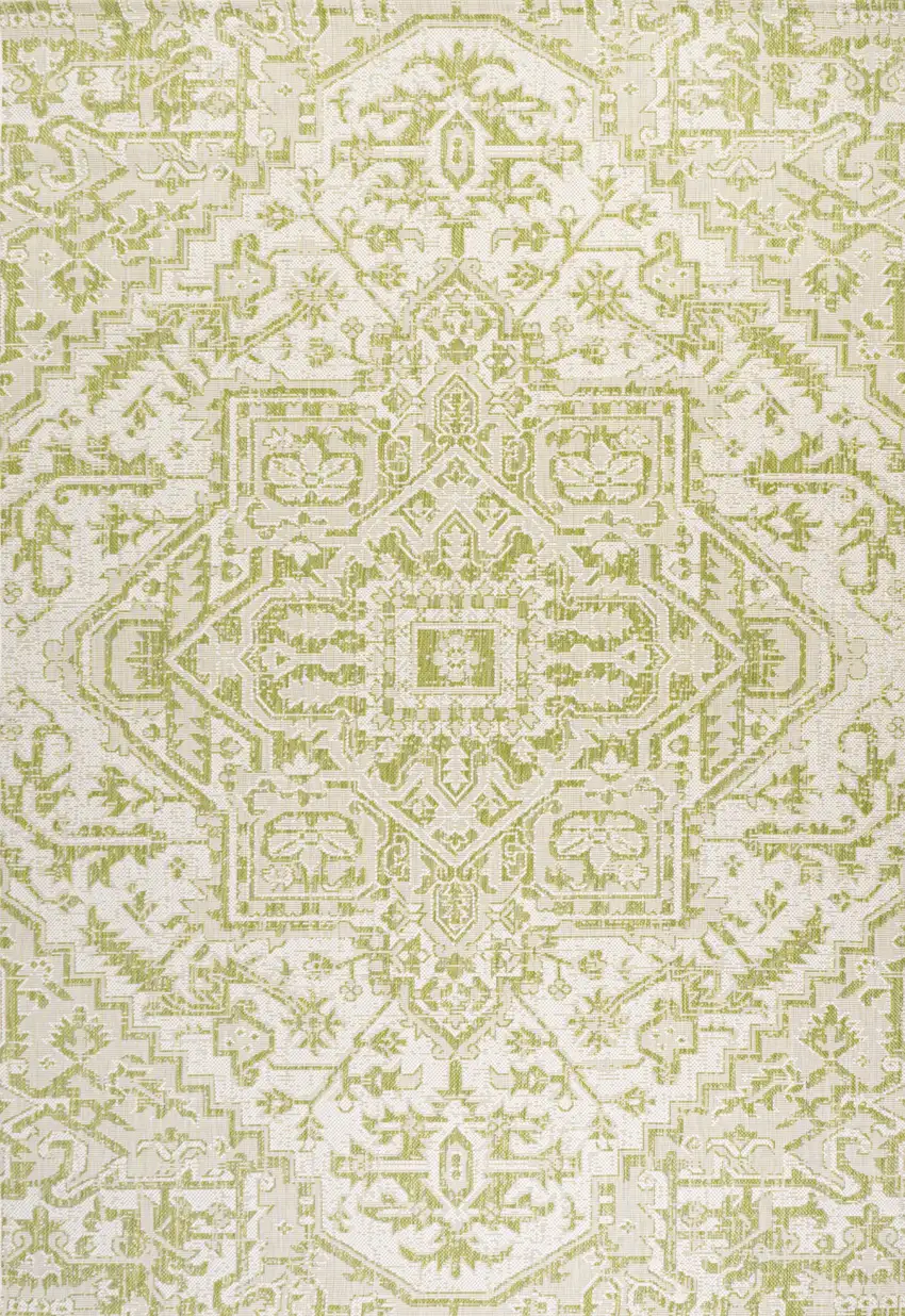 Cream And Green Medallion Indoor Outdoor Area Rug Photo 3