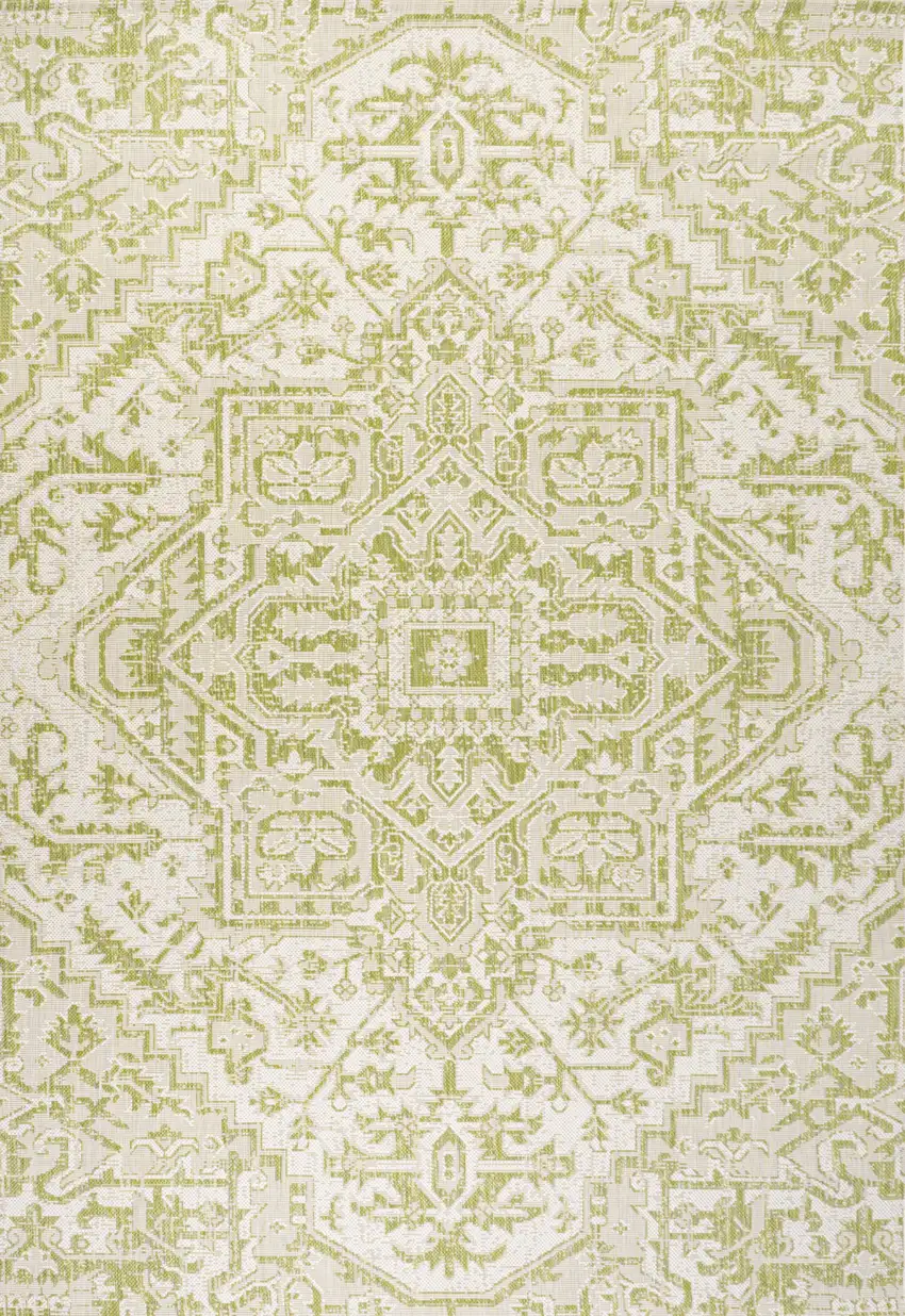 Cream And Green Medallion Indoor Outdoor Area Rug Photo 1