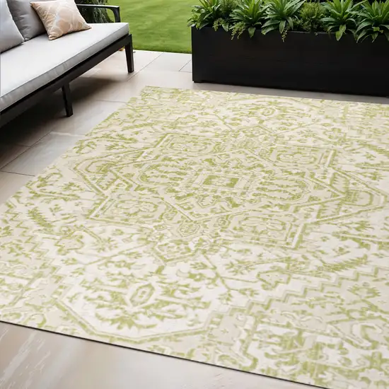 Cream And Green Medallion Indoor Outdoor Area Rug Photo 1