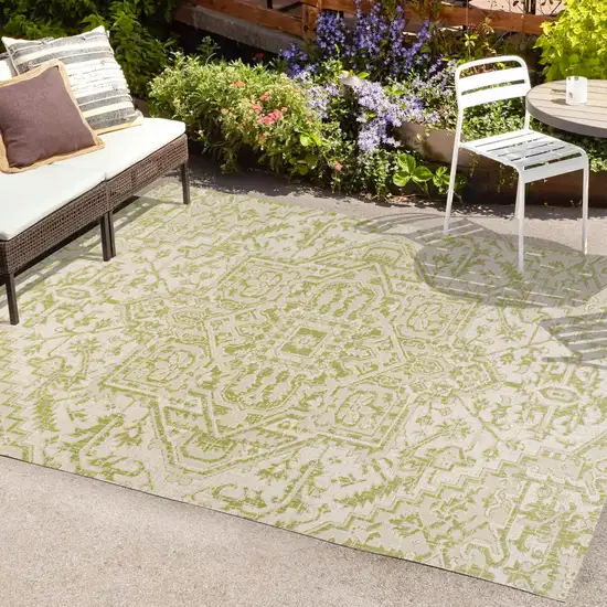 Cream And Green Medallion Indoor Outdoor Area Rug Photo 9
