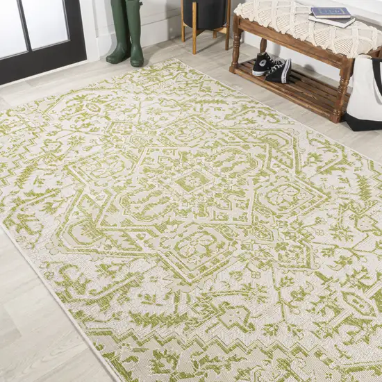Cream And Green Medallion Indoor Outdoor Area Rug Photo 7