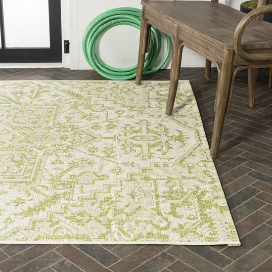 Cream And Green Medallion Indoor Outdoor Area Rug Photo 9