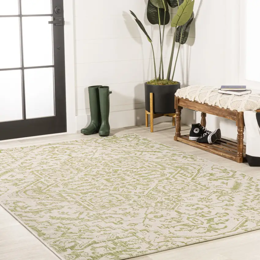 Cream And Green Medallion Indoor Outdoor Area Rug Photo 8