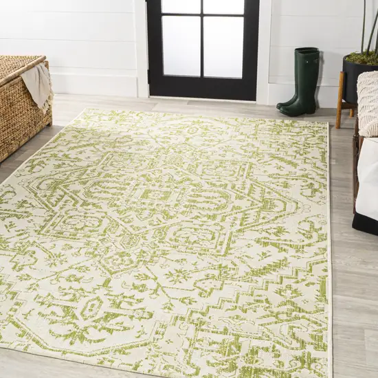 Cream And Green Medallion Indoor Outdoor Area Rug Photo 5