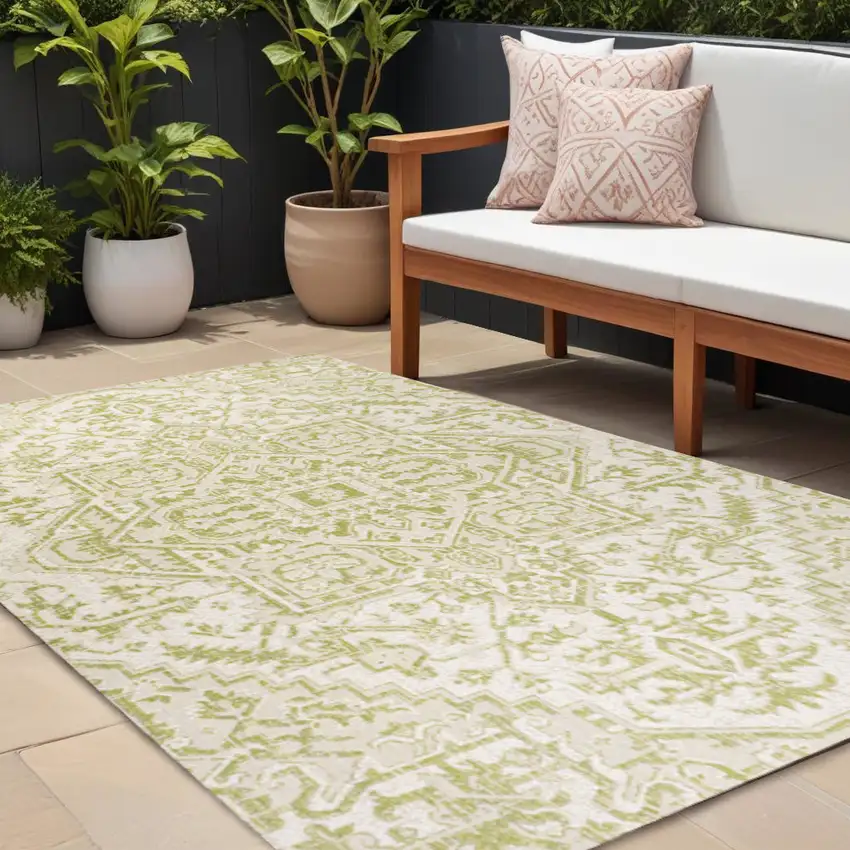 Cream And Green Medallion Indoor Outdoor Area Rug Photo 1