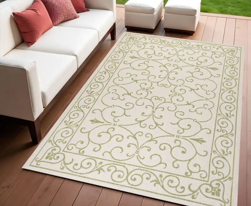 Cream And Green Medallion Indoor Outdoor Area Rug Photo 1