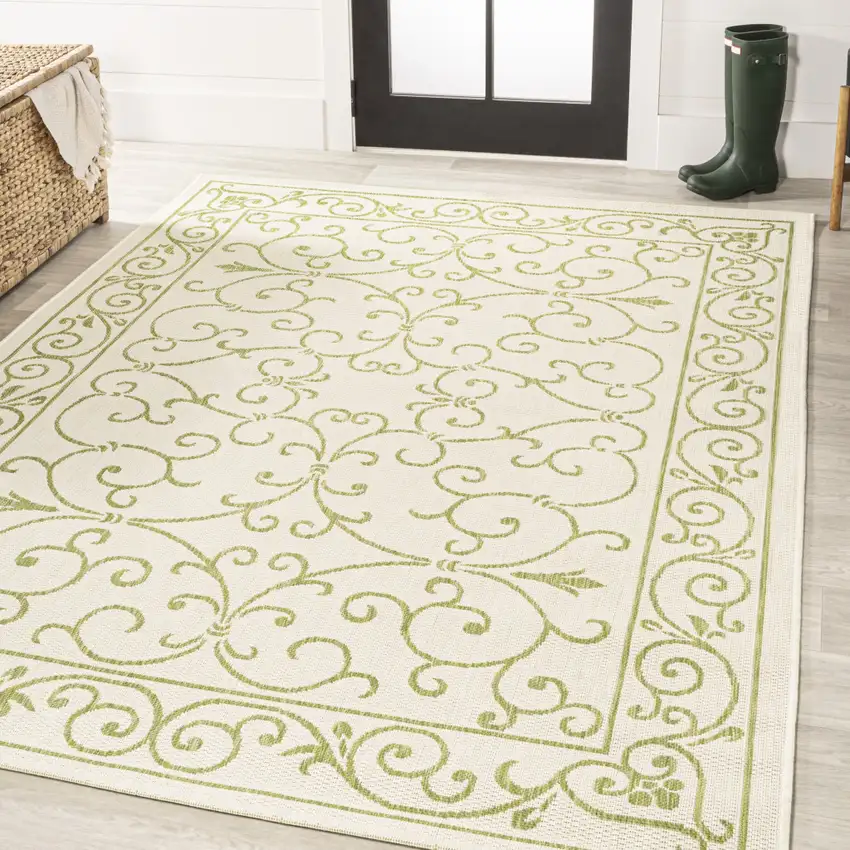 Cream And Green Medallion Indoor Outdoor Area Rug Photo 5
