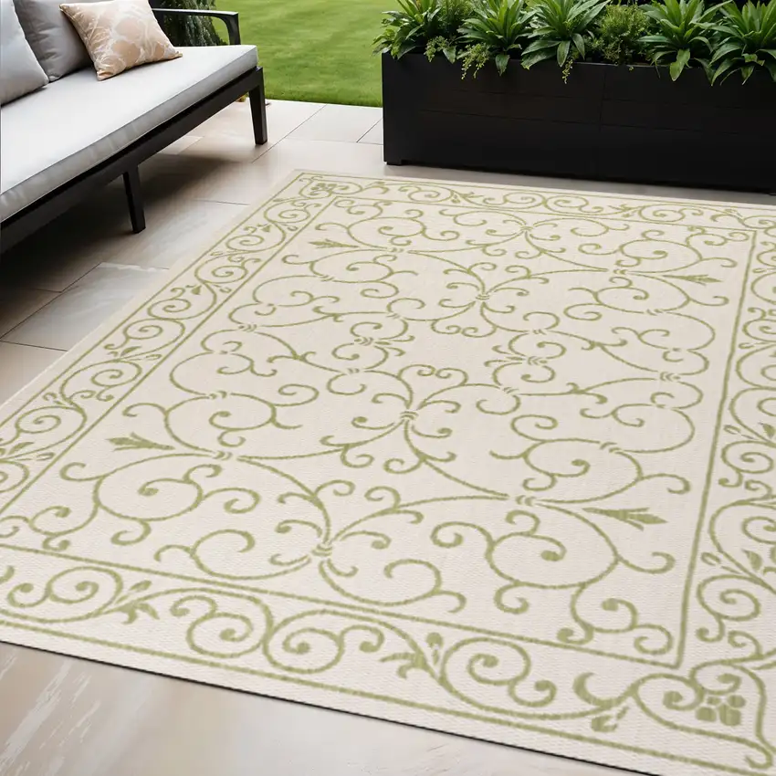 Cream And Green Medallion Indoor Outdoor Area Rug Photo 1