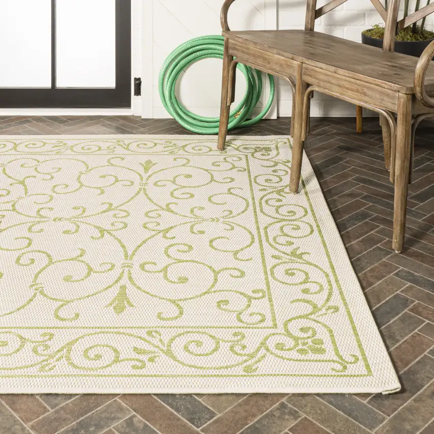 Cream And Green Medallion Indoor Outdoor Area Rug Photo 9