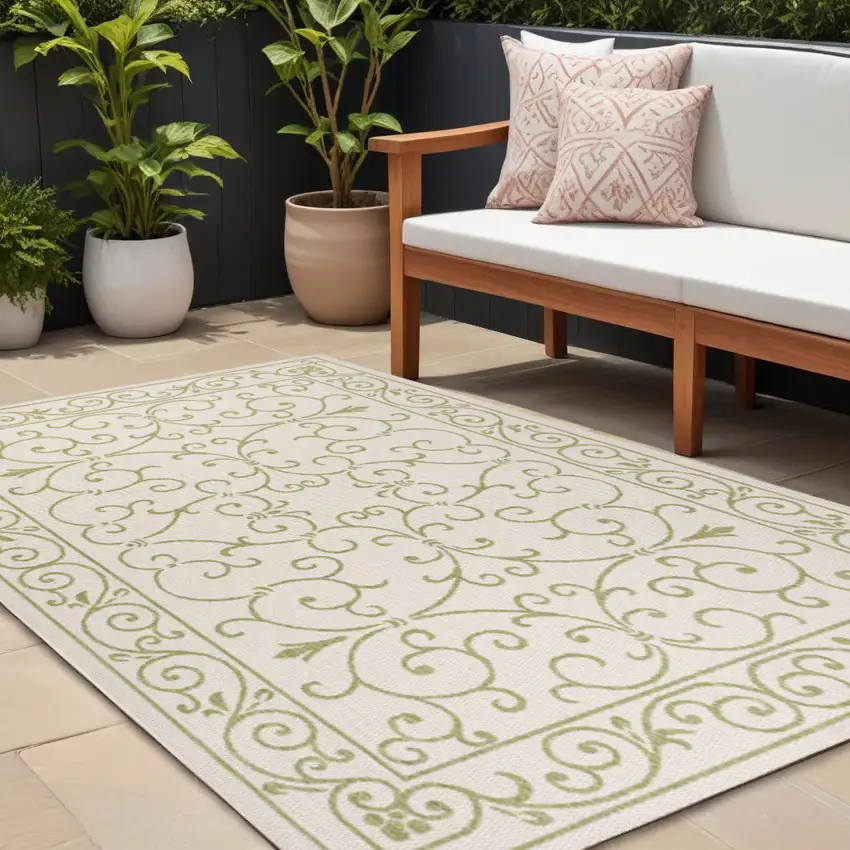 Cream And Green Medallion Indoor Outdoor Area Rug Photo 1