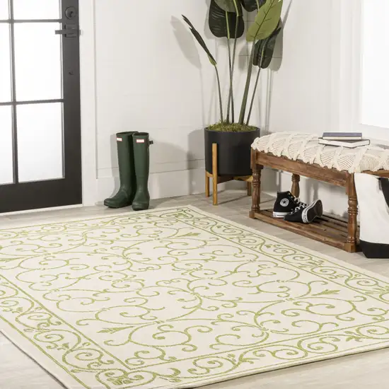 Cream And Green Medallion Indoor Outdoor Area Rug Photo 8