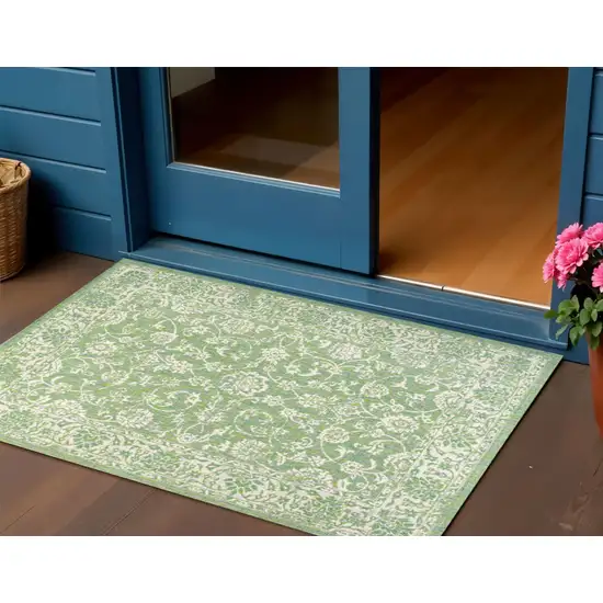 Cream And Green Medallion Indoor Outdoor Area Rug Photo 1