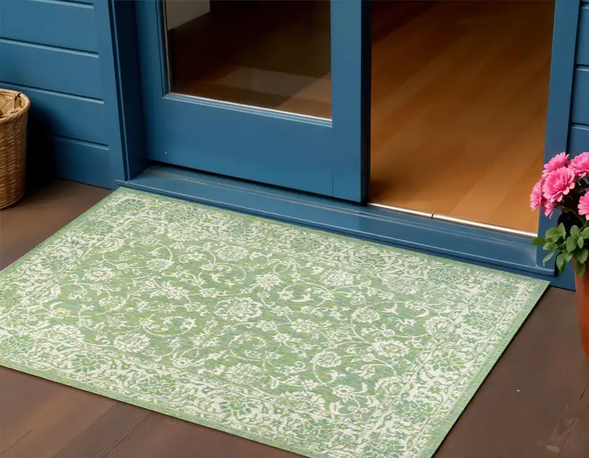 Cream And Green Medallion Indoor Outdoor Area Rug Photo 1
