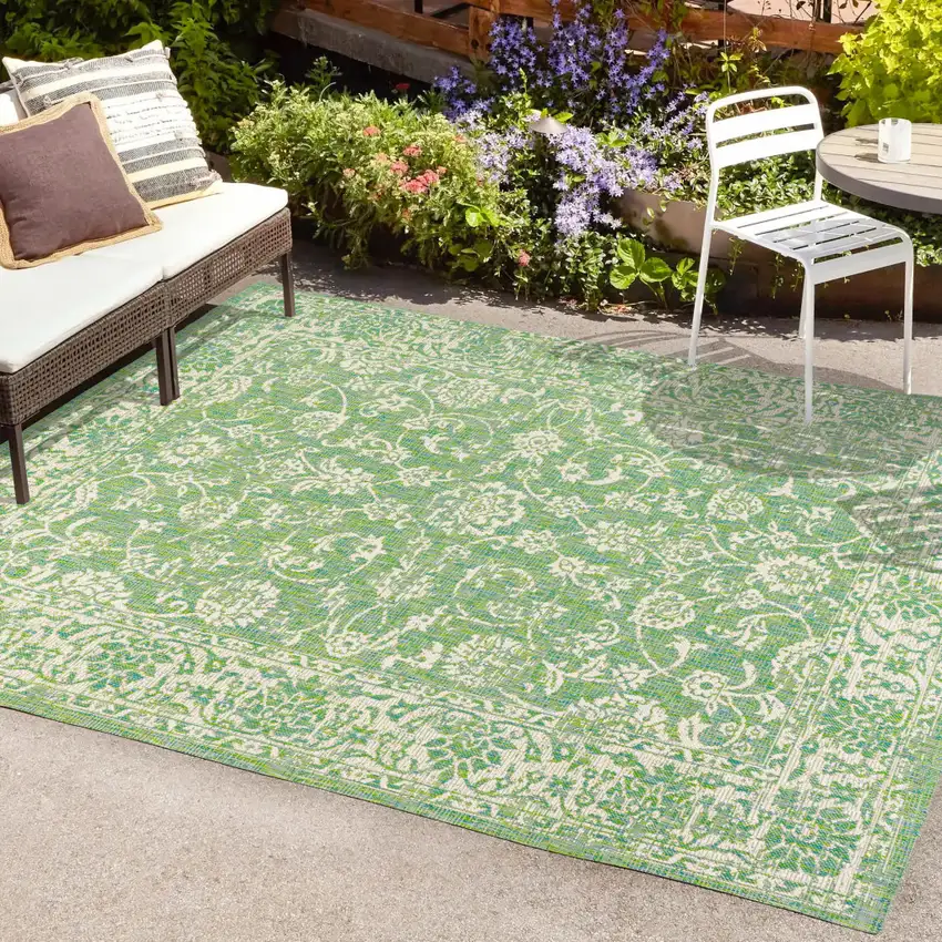Cream And Green Medallion Indoor Outdoor Area Rug Photo 9