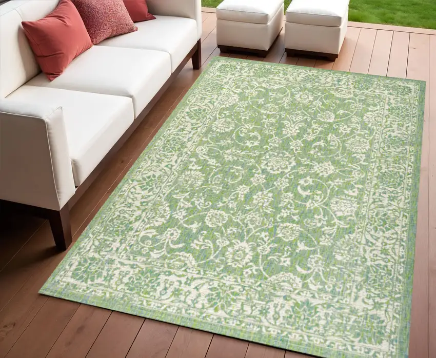Cream And Green Medallion Indoor Outdoor Area Rug Photo 1