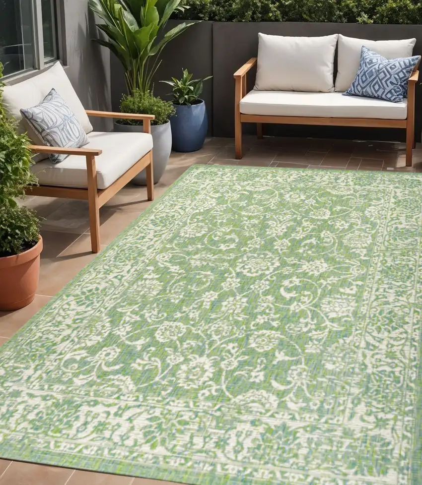 Cream And Green Medallion Indoor Outdoor Area Rug Photo 1