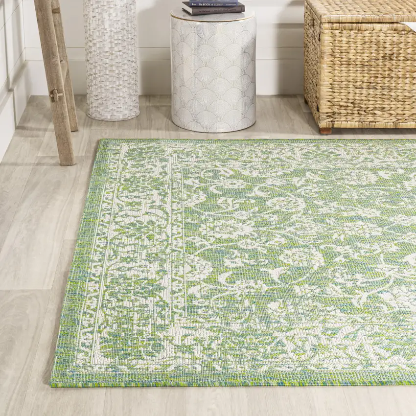 Cream And Green Medallion Indoor Outdoor Area Rug Photo 6