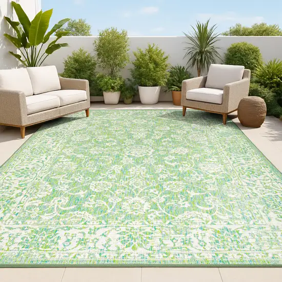 Cream And Green Medallion Indoor Outdoor Area Rug Photo 4