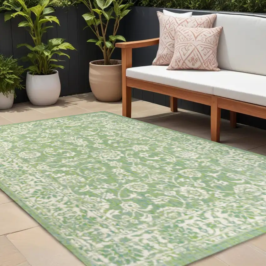 Cream And Green Medallion Indoor Outdoor Area Rug Photo 1