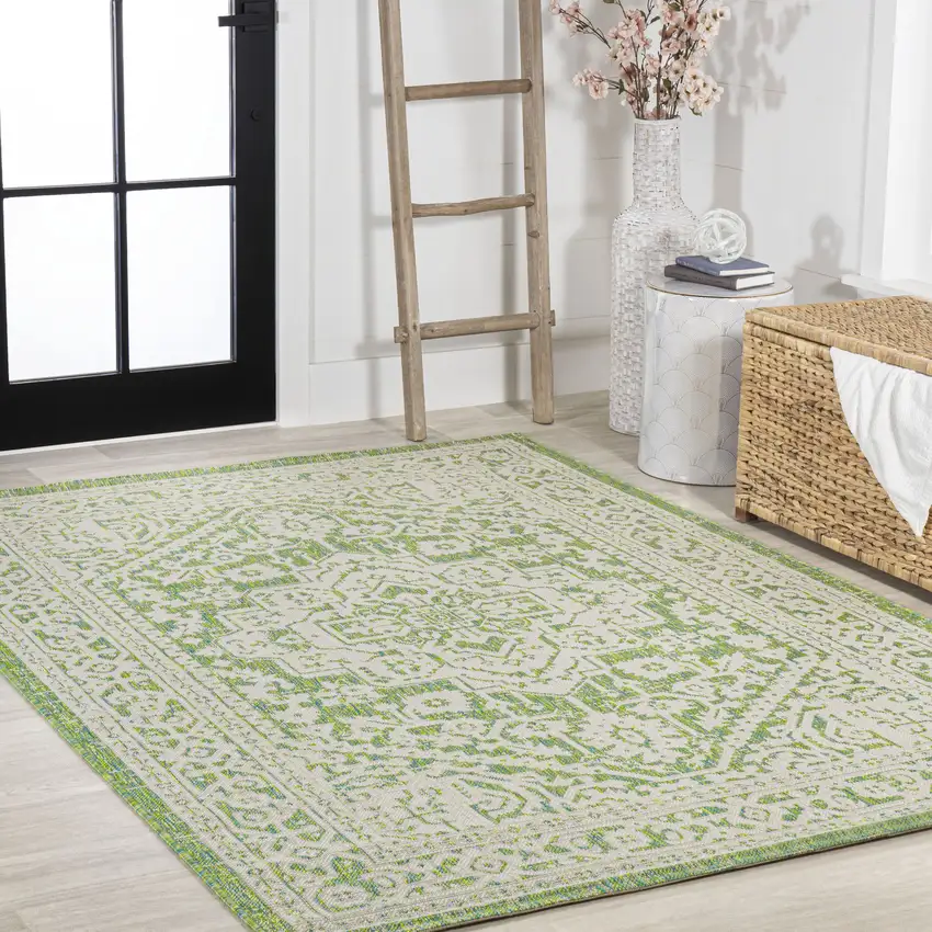 Cream And Green Medallion Indoor Outdoor Area Rug Photo 8