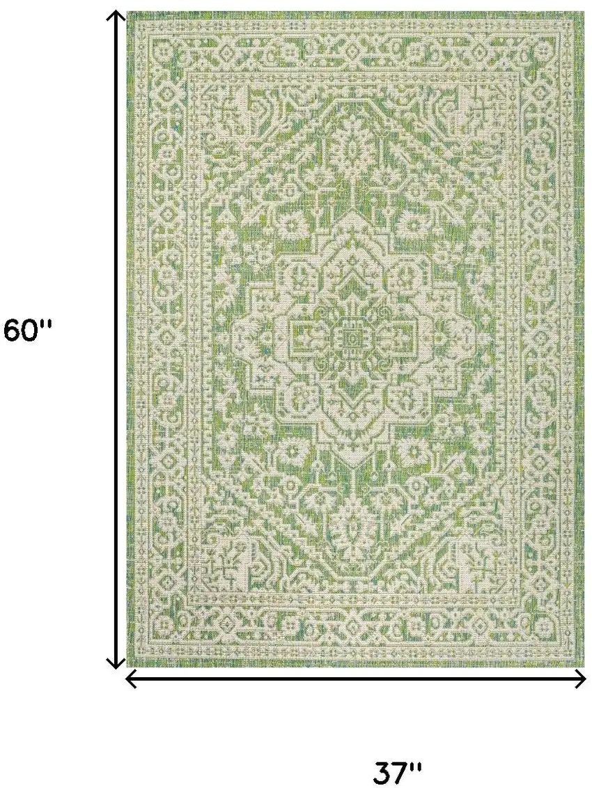 Cream And Green Medallion Indoor Outdoor Area Rug Photo 5