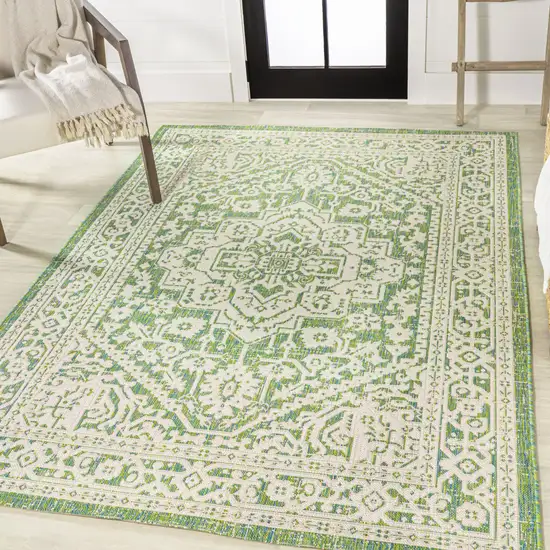 Cream And Green Medallion Indoor Outdoor Area Rug Photo 5