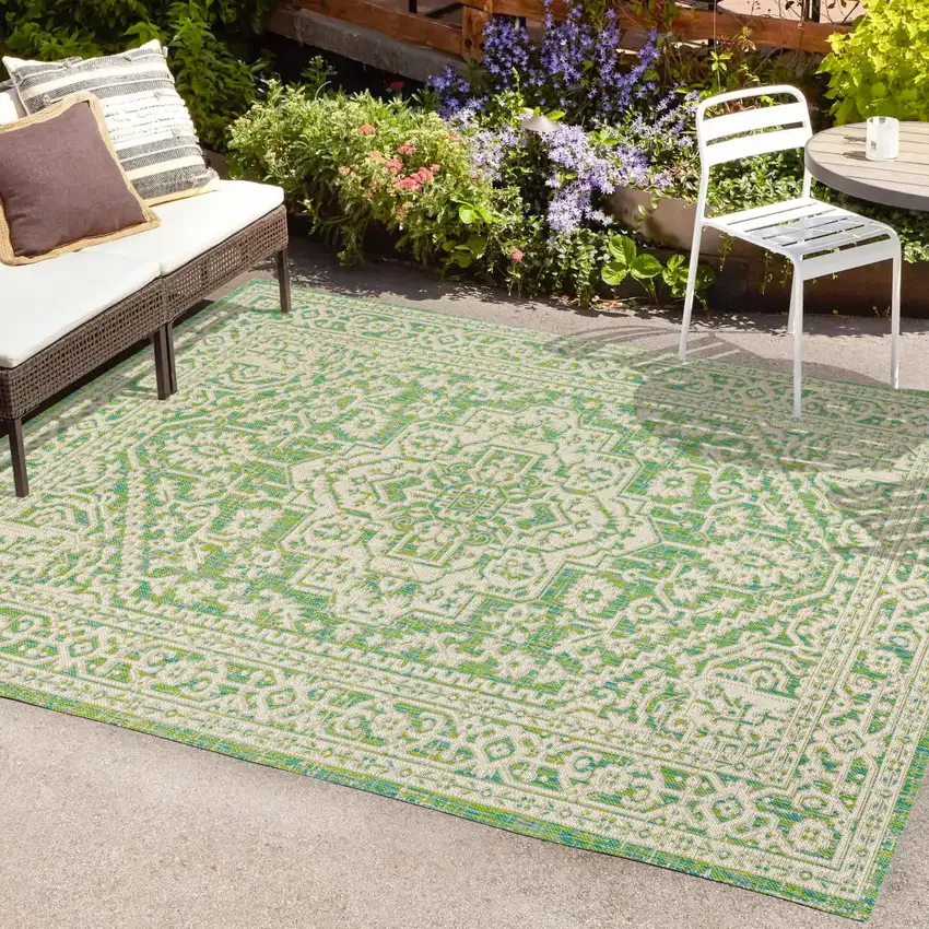 Cream And Green Medallion Indoor Outdoor Area Rug Photo 9