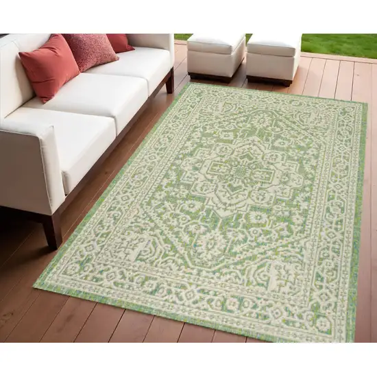 Cream And Green Medallion Indoor Outdoor Area Rug Photo 1