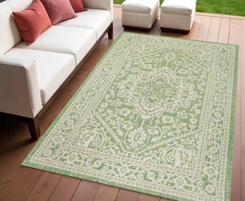 Cream And Green Medallion Indoor Outdoor Area Rug Photo 1