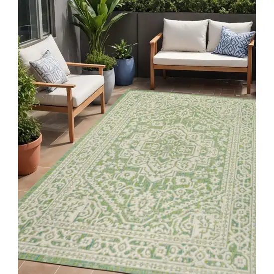 Cream And Green Medallion Indoor Outdoor Area Rug Photo 1