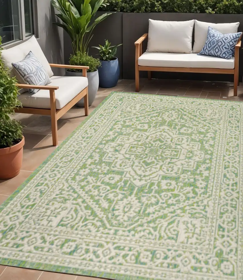 Cream And Green Medallion Indoor Outdoor Area Rug Photo 1
