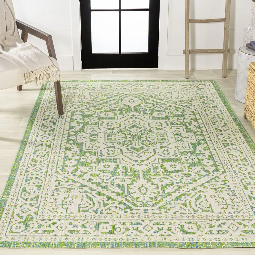 Cream And Green Medallion Indoor Outdoor Area Rug Photo 7