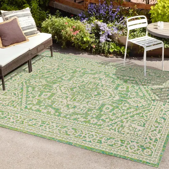 Cream And Green Medallion Indoor Outdoor Area Rug Photo 9
