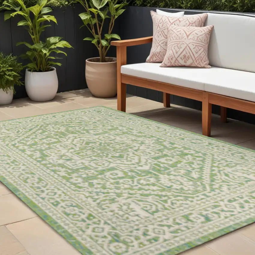 Cream And Green Medallion Indoor Outdoor Area Rug Photo 1