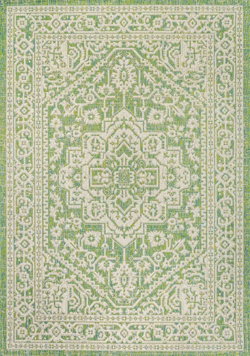 Cream And Green Medallion Indoor Outdoor Area Rug Photo 1