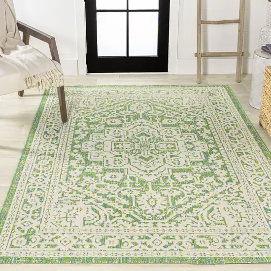 Cream And Green Medallion Indoor Outdoor Area Rug Photo 7