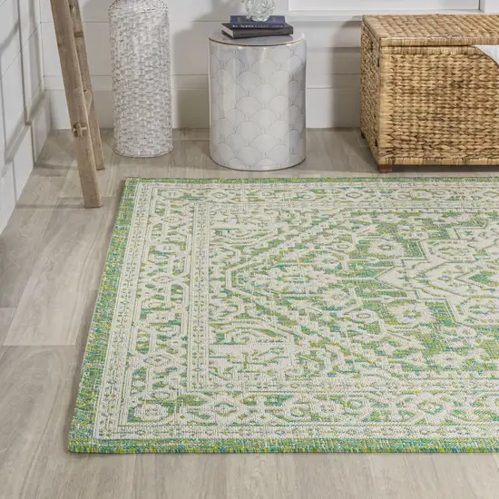 Cream And Green Medallion Indoor Outdoor Area Rug Photo 6
