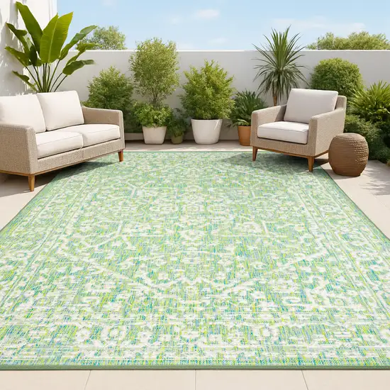 Cream And Green Medallion Indoor Outdoor Area Rug Photo 4
