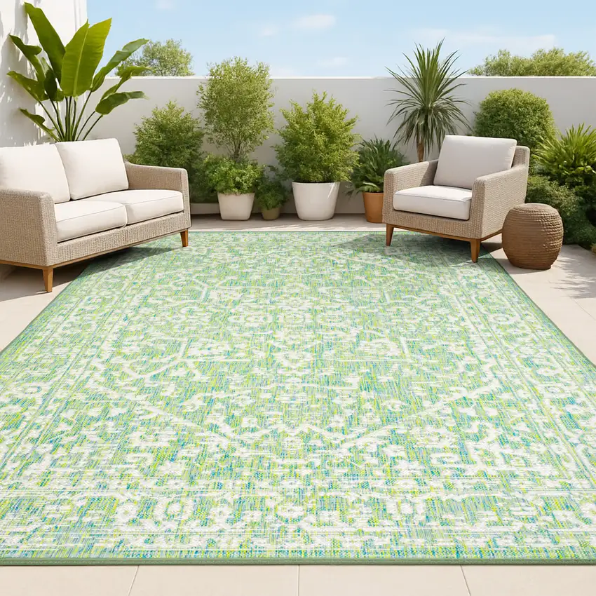 Cream And Green Medallion Indoor Outdoor Area Rug Photo 4