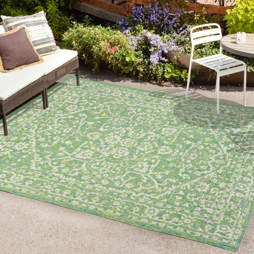 Cream And Green Medallion Indoor Outdoor Area Rug Photo 9