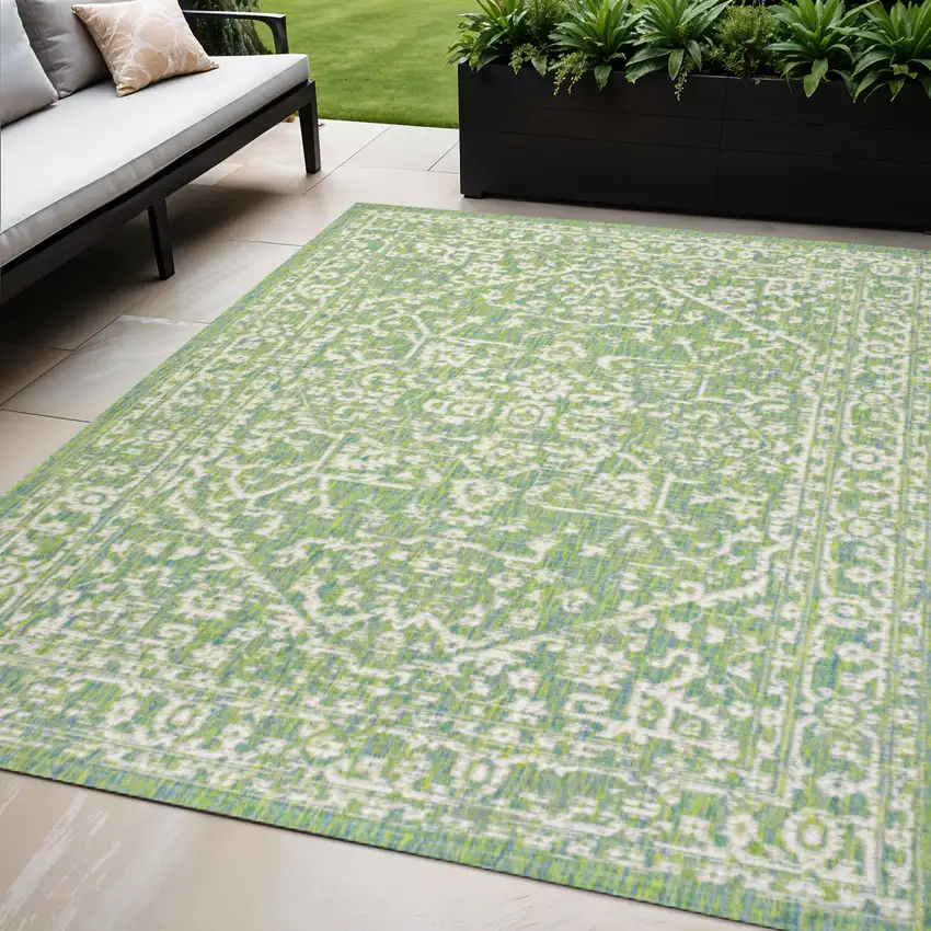 Cream And Green Medallion Indoor Outdoor Area Rug Photo 1