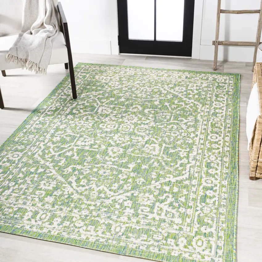 Cream And Green Medallion Indoor Outdoor Area Rug Photo 5
