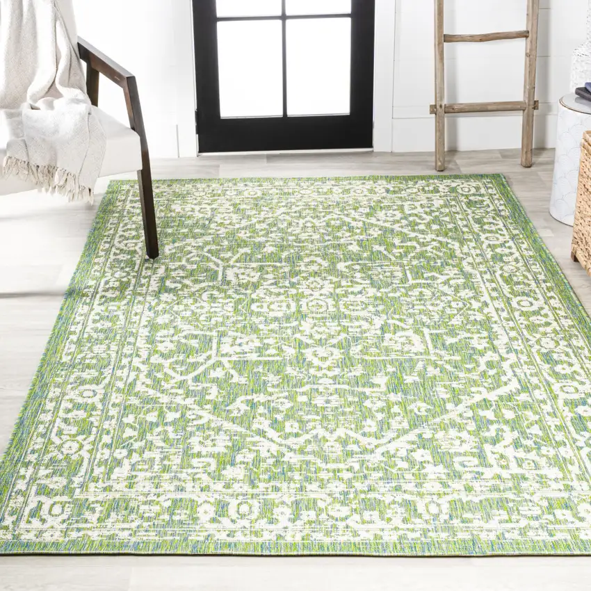 Cream And Green Medallion Indoor Outdoor Area Rug Photo 7