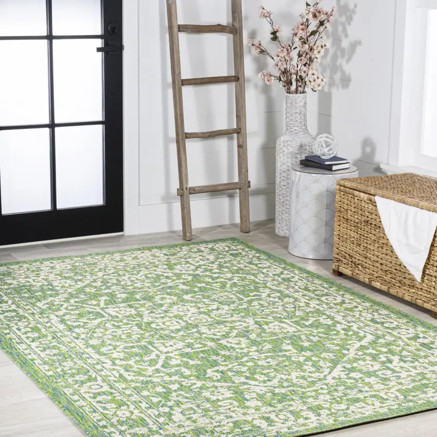 Cream And Green Medallion Indoor Outdoor Area Rug Photo 8