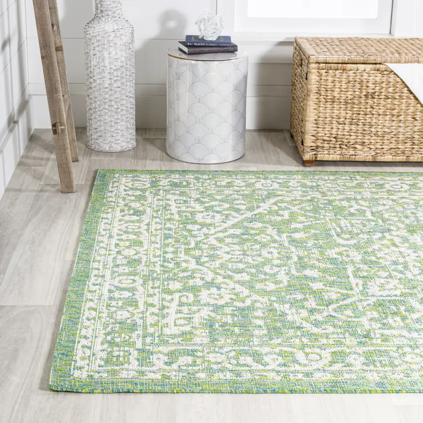 Cream And Green Medallion Indoor Outdoor Area Rug Photo 6