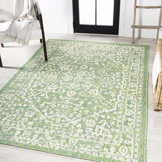 Cream And Green Medallion Indoor Outdoor Area Rug Photo 5
