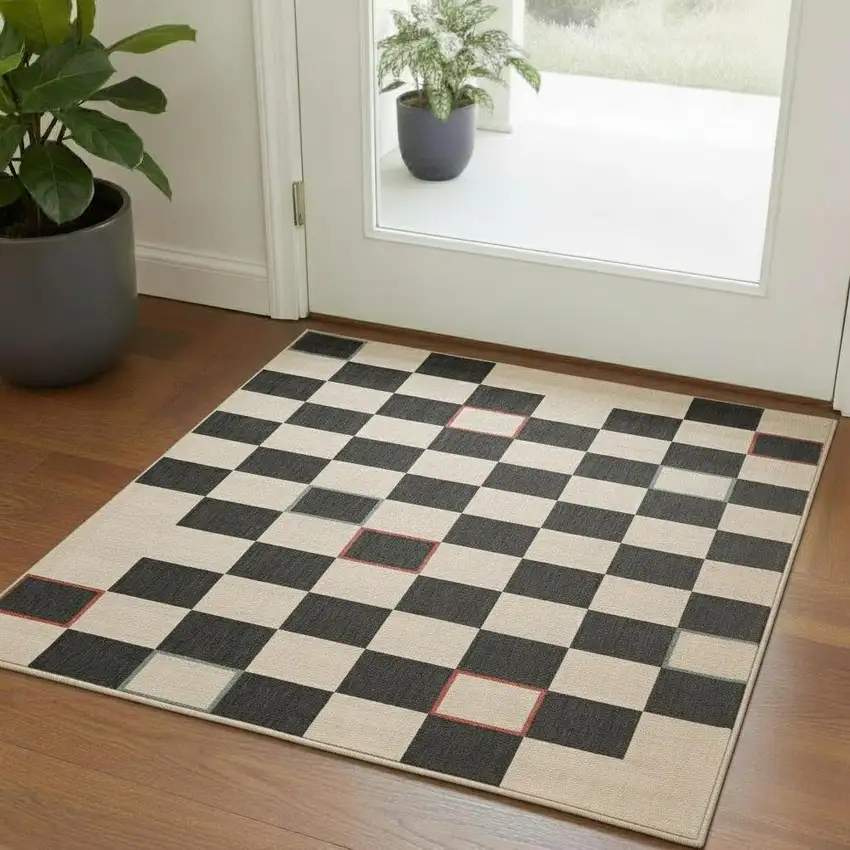 Cream And Ivory Checkered Square Rug Photo 1